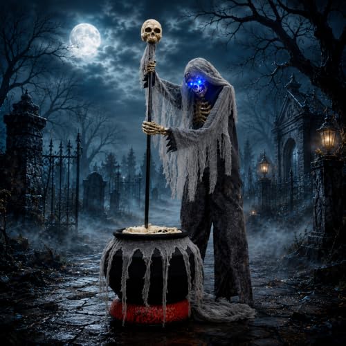 Image of 6ft Tall Animated Stirring Cauldron Creep Skeleton Halloween Decoration with LED Eyes - Outdoor Giant Life Sized Spooky Prop with Glowing Eyes