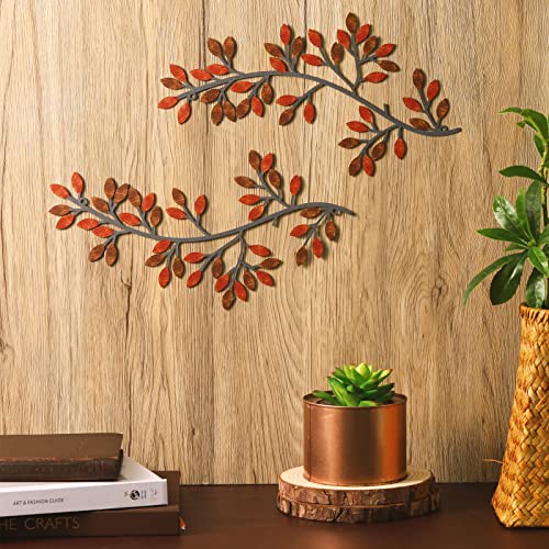 Image of Hotop 2 Pieces Metal Tree Leaf Wall Decor Vine Olive Branch Leaf Wall Art Wrought Iron Scroll Sculptures Above the Bed, Living Room, Outdoor Decoration(Classic Style,Rusty Color)