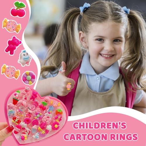 FENQURO 36 Stück kinderringe mädchen, kinderringe, Kinderringe Mädchen, Einhorn Schmuck Verstellbare Ringe, Kinder Dress Up Ring Set mit Herzform Vitrine für Kinder Geburtstag Party Favors
