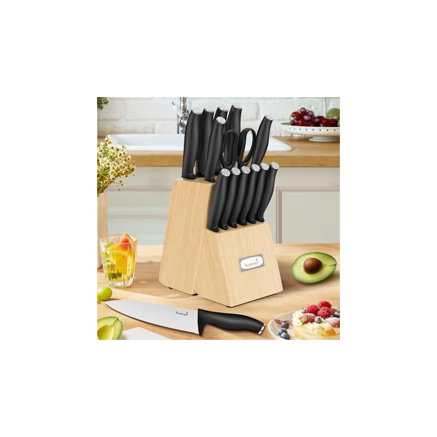 Kuisine-Kitchen-Chef-Knife-SetForged-Stainless-Steel-Ultra-Sharp-Blade-Ergonomic-HandleKitchen-Knives-Set-with-Block-Built-in-Sharpener Kuisine Kitchen Chef Knife Set,High Carbon Stainless Steel Ultra Sharp Blade Ergonomic Handle,Knife Set with Block Built-in Sharpener(15PCS,Black)
