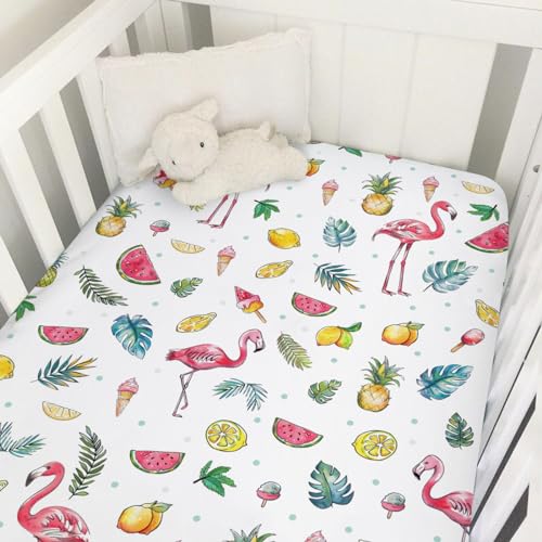 Image of Watercolor Summer Flamingo Baby Crib Sheets 52''x28'' Lemon Pineapple Watermelon Tropical Leaves Snug Fitted Crib Mattress Sheet for Boy Girl Soft Nursery Bed Sheets for Standard Crib Toddler Mattress