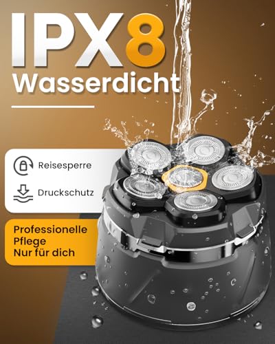 Glatzen Rasierer Herren, 2025 Verbessert IPX8 Wasserdicht 6D Flexibler Glatzenrasierer, Magnetische Schwebender Kopf, Nass und Trocken Glatzen Rasierer mit LED Anzeige, USB-C Kopfrasierer Glatze