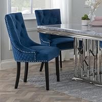 URBANDECO Lion Knocker Back Blue Velvet Fabric Dining Chair with Black Wooden Legs - 1 Chair