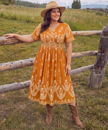 Image of CARCOS Plus Size Dresses for Curvy Women V Neck Summer Maxi Dress Short Sleeve Floral Boho Dress Smocked Waist Beach Dress