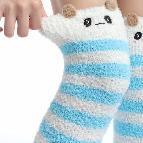 Image of Thigh High Fuzzy Socks Cute Animal Coral Fleece Over the Knee Thigh High Long Stockings Warm Stripe
