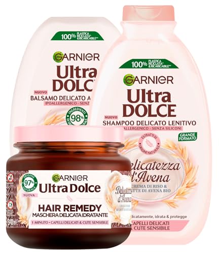 Garnier Ultra Dolce Shampoo + Balsamo + Maschera per Capelli Delicati e Cute Sensibile Delicatezza d'Avena con Crema di Riso e Latte di Avena Bio Idratante Ingredienti di Origine Naturale - 3 Prodotti