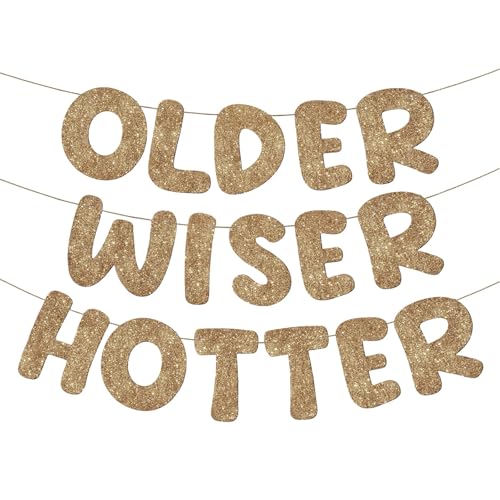 Image of Fulmoon Set of 3 Pre Strung Older Wiser Hotter Glitter Banner Funny Birthday Banner for Women 30th 40th 50th 60th 70th 80th Birthday Party Decorations Sign Gift(Dark Champagne)
