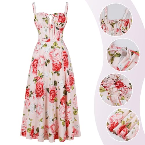 Image of Women Floral Corset Dress 2026 Boho Midi Sundress Summer Dress | Flowy A-Line Dress with Adjustable Spaghetti Straps Lace Up Back Front Slit High Waist for Vacation Wedding Guest