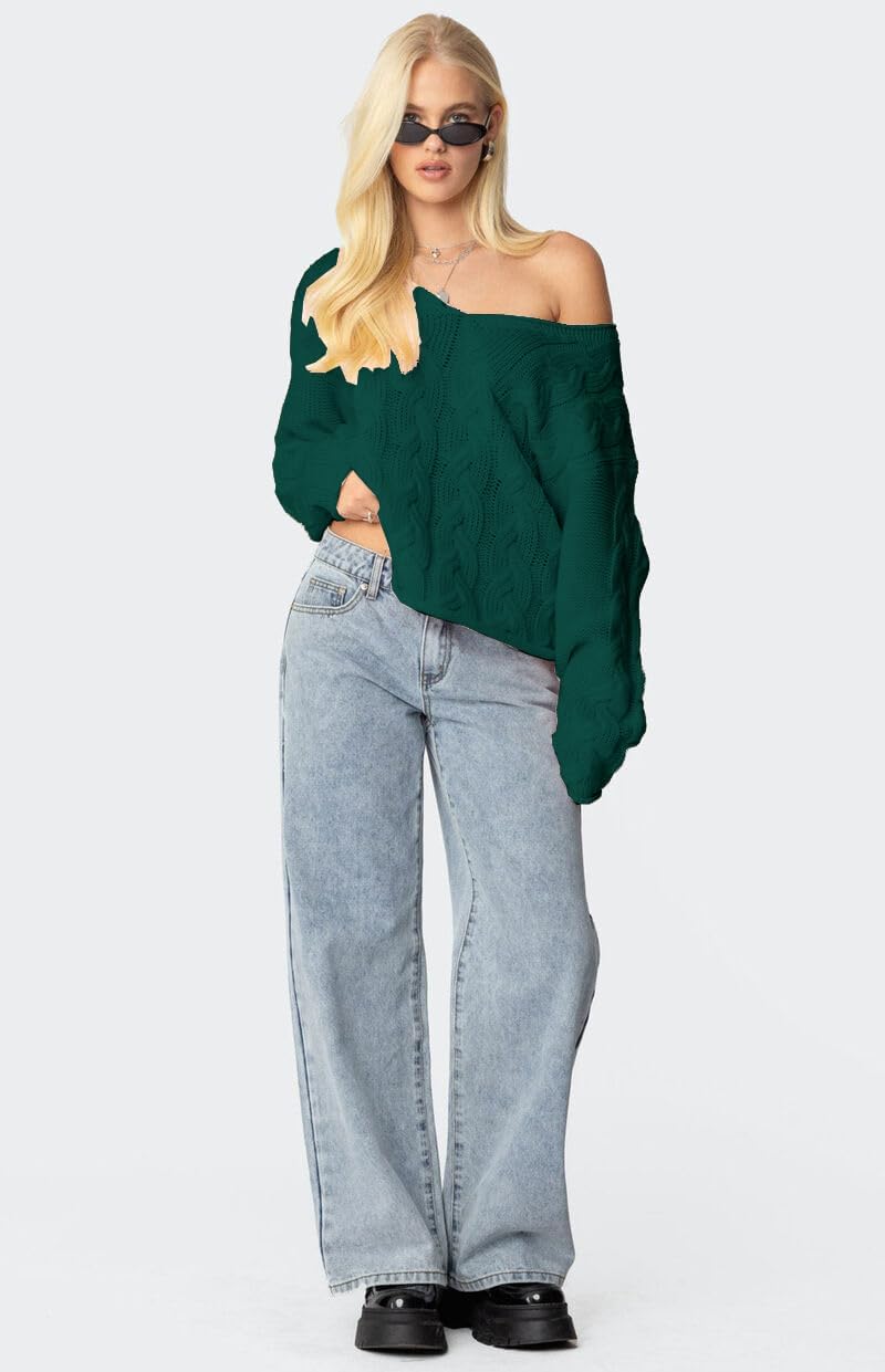 ZAFUL Womens V Neck Off The Shoulder Sweater Long Sleeve 2025 Oversized Cable Knit Casual Pullover Tops - Image 6