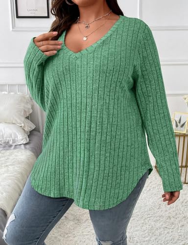 Image of Koscacy Women Plus Size Casual Knit Sweater V Neck Solid Color Tops Lightweight Long Sleeve Blouses