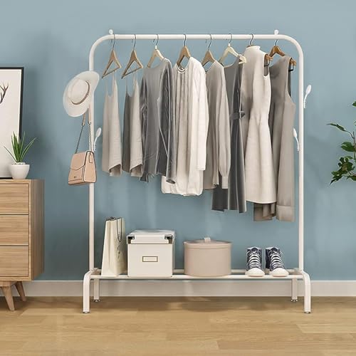 Lukzer | Heavy-Duty Metal Garment Rack with Bottom Storage Shelf & 4 Side Hooks | Freestanding Clothes Stand for Bedroom, Entryway, Living Room | White |...