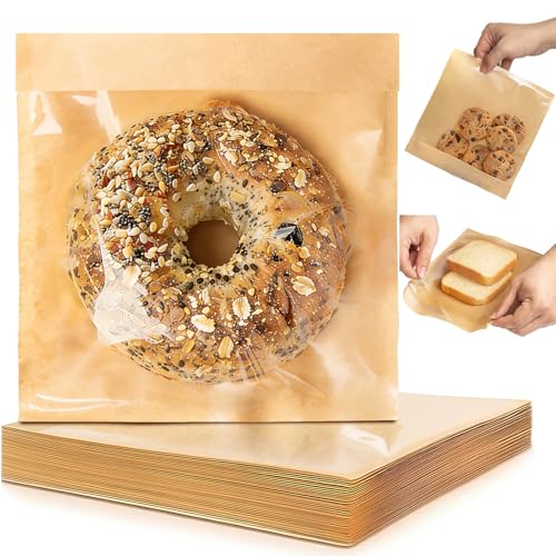 100 Self Sealing Sandwich Bags with Window, Paper Cookie Bags with Seal, Grease Resistant To Go Bakery Sleeves for Packaging Bagels, Donuts, Scone, Brownie, Small Pastries and other Treats