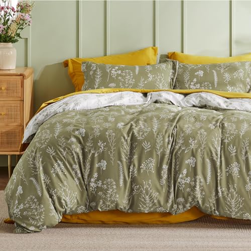Image of Bedsure Duvet Cover Queen Size - Reversible Olive Green Queen Duvet Cover Set with Zipper Closure, 3 Pieces Floral Patterned Bedding Set with 8 Corner Ties and 2 Pillow Shams