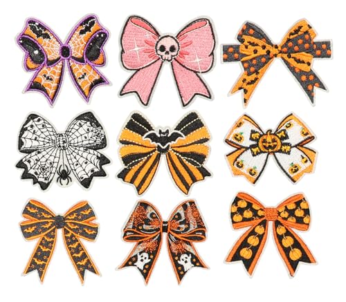 HEYTRCO 9PCS Cute Bow Iron on Patches, Pumpkin Bat Spider