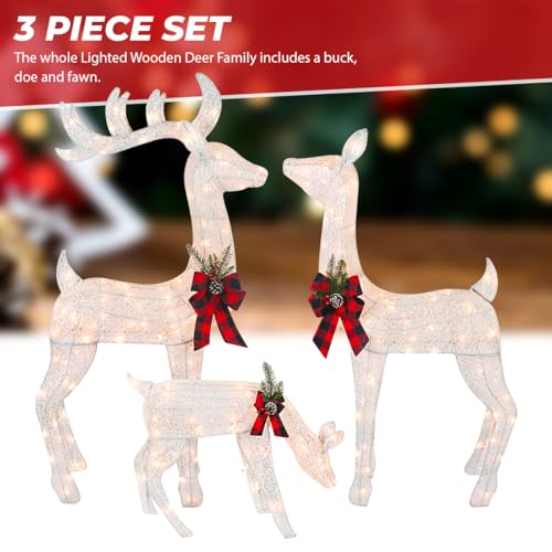 3-Piece White Fabric Reindeer Family - Lighted Deer Set - 210 Lights 52" Buck 44" Doe 28" Fawn - Large Deer Family for Indoor or Outdoor Christmas Decorations Yard Art