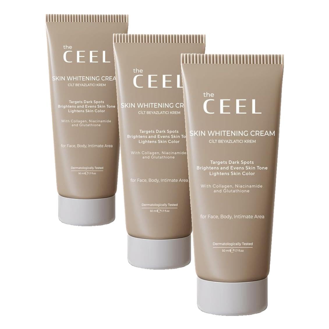 The Ceel Aydınlatıcı ve Ton Eşitleyici Bakım Kremi 50 ml - Arbutin, Glutatyon, Niacinamide ve Kolajen İçeren Leke Karşıtı Nemlendirici Yüz ve Vücut Kremi (3 paketi)