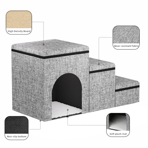Dog Stairs with Storage, 3-Step Wider Dog Steps with Condo for Dogs and Cats, Pet Stairs for High Bed Climbing, Grey - Image 4