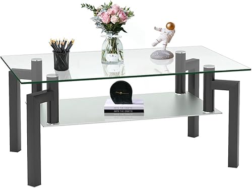 Miniatura 8 de Mesa auxiliar rectangular de cristal, mesa auxiliar moderna con estante inferior de almacenamiento, mesa auxiliar de té de 2 niveles para sala de