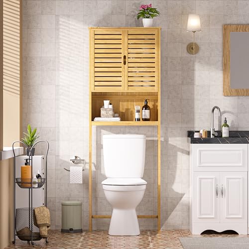 Yardenaler Over-The-Toilet Storage Shelf with Doors, Bathroom Freestanding Bamboo Organizer Space...