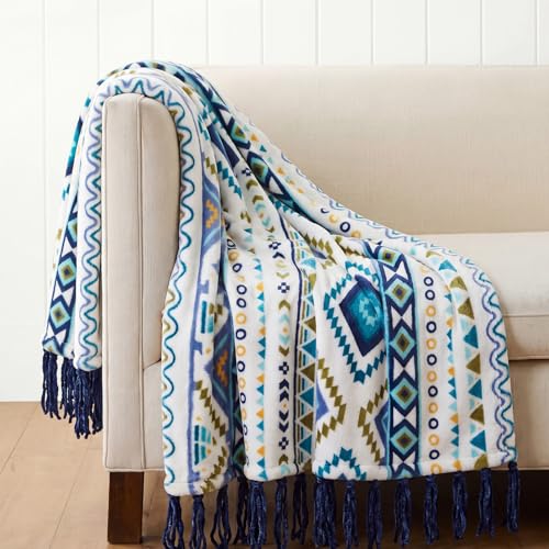 Image of CASAAGUSTO Boho Throw Blanket, Blue and White Aztec Throw Blankets with Tassel for All Season, Printed Flannel Fleece Bohemian Throw Blanket Cover for Couch, Bed, Sofa, Chair (50 * 60 Inches)