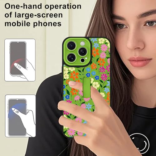 Image of for iPhone 15 Pro Max Case with Finger Strap Holder, Cute Colorful Floral Flower Print Pattern Design for Women Girls, Shockproof Anti Scratch Hand Kickstand Protective Cover, Green