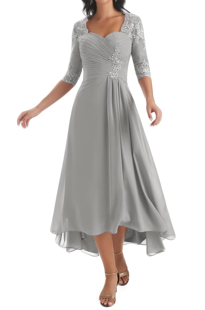 HPPEE Tea Length Silver Mother of the Bride Dresses Plus Size or Wedding with Sleeves Lace Applique A Line Chiffon Formal Party Dress UK22