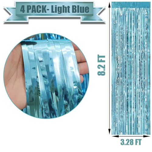 Image of 4 Pack Light Blue Foil Fringe Curtain Backdrop, 3.28Ft x 8.2Ft Metallic Tinsel Foil Fringe Streamer Curtains for Photo Booth Props, Birthday, Wedding, Christmas Decoration Party Supplies New