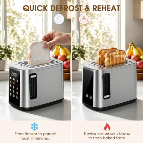 Image of Foyoconven 2 Slice Toaster with Touch Screen, 1.5 inch Extra Wide Slots for Bagels & Thick Bread, Stainless Steel, Digital Countdown Timer, 6 Shade Settings, Defrost /Reheat /Cancel, Removable Crumb Tray