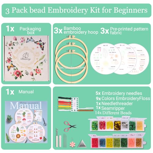 Image of Bonroy Beginners Embroidery Kit for Adult Beginners, Beaded Embroidery Kit, Beginner Bead Embroidery Practice (BY-BD-S)