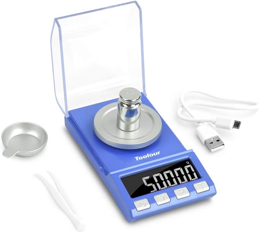 Toolour Digital Milligram Scale 50 x 0.001g Jewelry Powder Gold Carat Scale - USB/Battery Powered, 8 Modes, with Calibration Weight, Weighing Pan and Tweezers