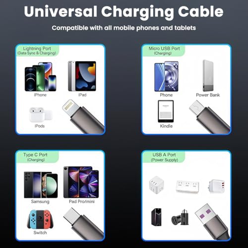 Image of Verilux 3-in-1 RGB LED PD 66W Type C Cable Fast Charging 3.9FT, 480Mbps Data Transmission C Type Charger Cable with C Connector, USB to Lighting, USB to Micro A for iPhone 17 /16 /15, Galaxy S25 /S24
