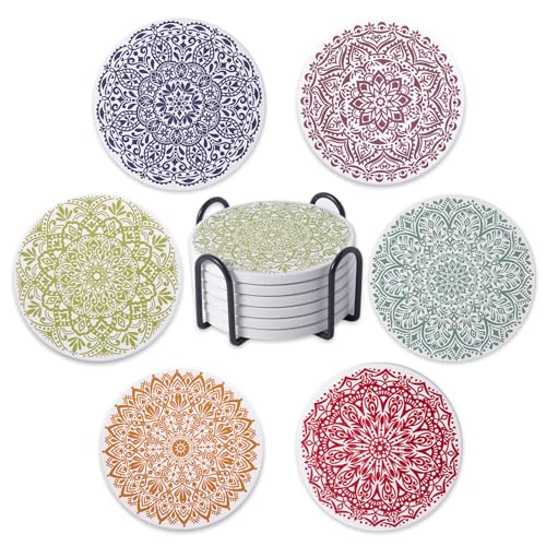 STARUBY Drink Coasters Set of 6 Ceramic Coaster Beautiful Absorbent Coaster Drink Mat with Cork Base Flower3 Patterns Round Coaster Non Slip for Coffee,Beer,Mug,Wine Glass Bottle,Home and Bar