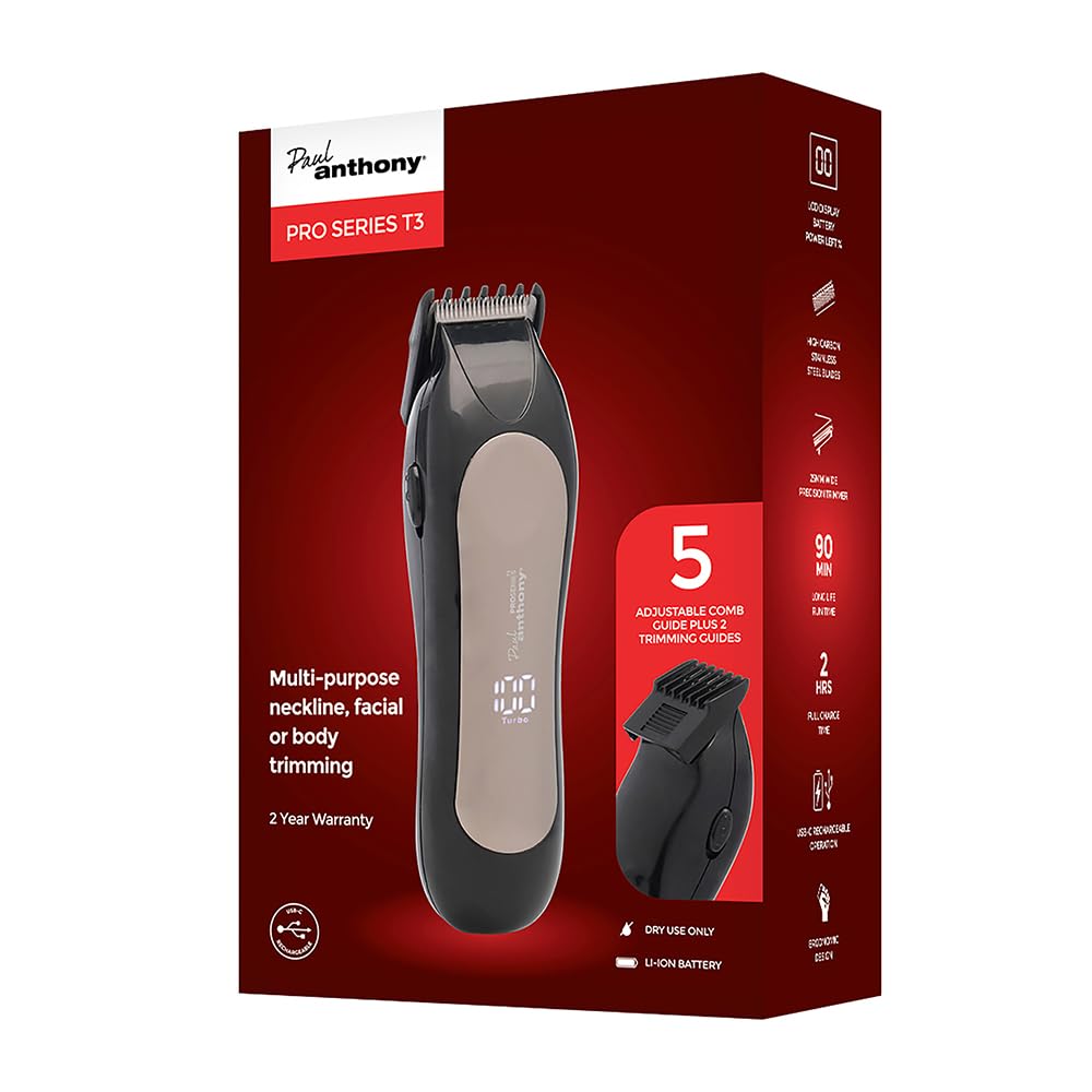 Paul Anthony Pro Series T3 Beard and Neckline Lithium LCD Trimmer - 25mm Precision Detail Trimming - High Carbon Blades - 2-10mm Adjustable Comb Guide - Fixed Trimming Guides 3/5mm - H5123L