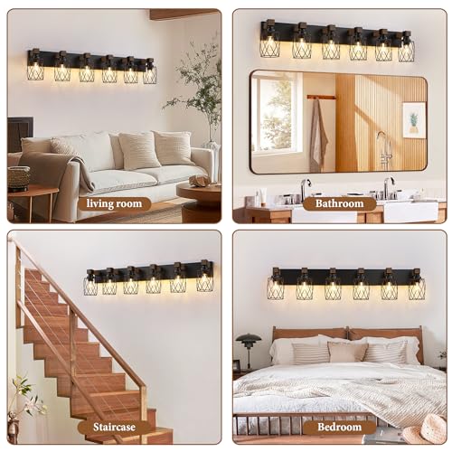 Image of Farmhouse 6-Light Wood Bathroom Vanity Light, Black Metal Cage Shade | Mounted Over Mirror, Industrial Rustic Style, Ideal for Bathroom, Bedroom, Hallway & Living Room, Easy To Install