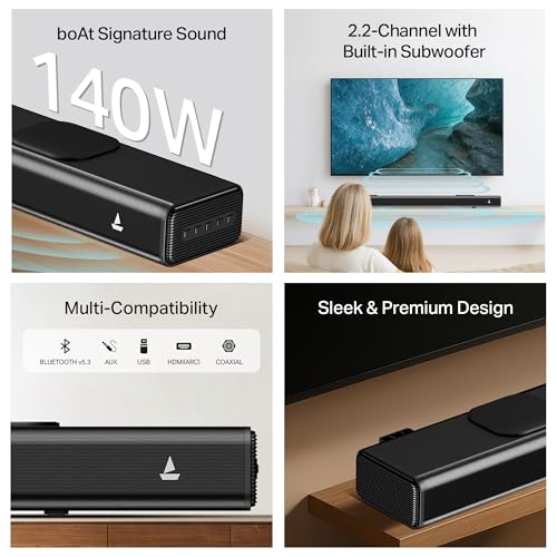 Image of Boat Aavante 2.2 1400, 140W Signature Sound Built-in Subwoofer, 2.2CH, Multiple Ports, EQ Modes, Remote Control, Bluetooth Sound bar, Home Theatre Soundbar Speaker (Premium Black)