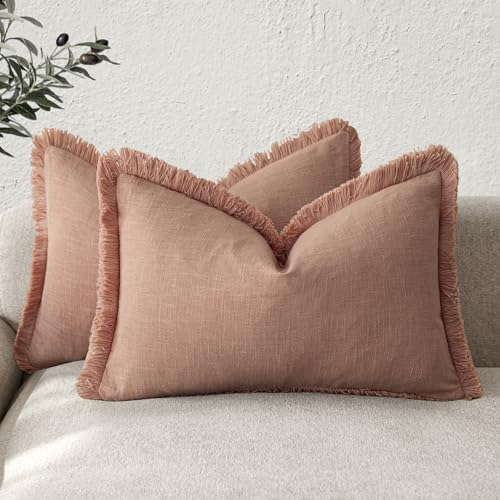 Image of Foindtower Set of 2 Decorative Linen Fringe Lumbar Throw Pillow Covers Boho Farmhouse Cushion Cover with Tassels Soft Accent Pillowcase for Couch Sofa Bed Living Room Home Decor,12x20 Inch,Coral Pink