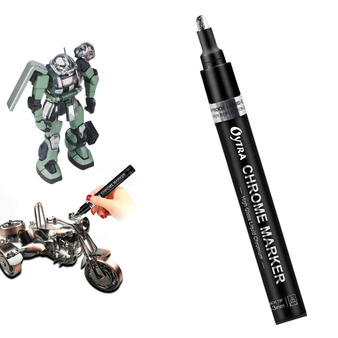 Oytra 1 Pc Silver Liquid Mirror Chrome Markers for DIY Resin Art 2-3 mm Broad Tip Permanent Reflective Mirror Liquid Chrome Paint Pens Set, High Gloss Art Car Plastic Metal Ceramic