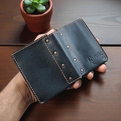 Image of Genuine Leather Bifold Wallet for Men Includes Card Holder, ID Slot, and Cash Compartment Pocket, Handmade with Easy Card Access Strap Charcoal Black