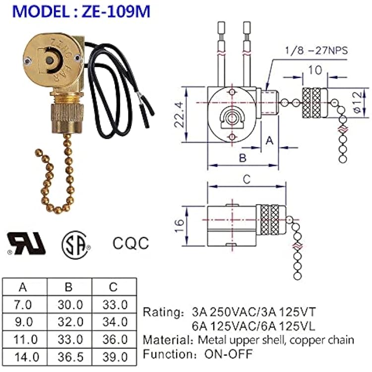 Ceiling Fan Light Switch ZE-109m Metal Pull Chain Switch,Two Wire Fan Switch For Ceiling Fan Light Fixture Replacement Parts-Brass