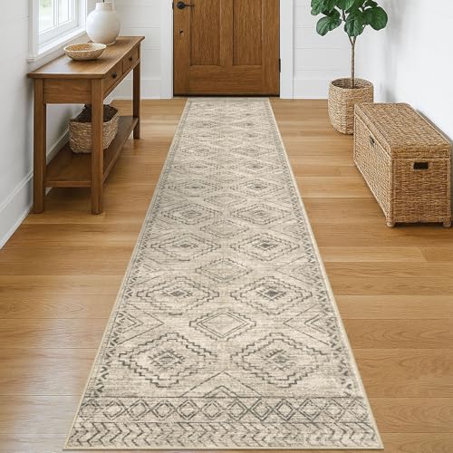 KILOCOCO Hallway Runner Rug 2'x10' Runners for Hallways Washable Runner Rug Non Slip Rubber Backed Low-Pile Runners for Bedroom Kitchen Living Room Laundry Room Boho Rugs, Beige/Gray/Green