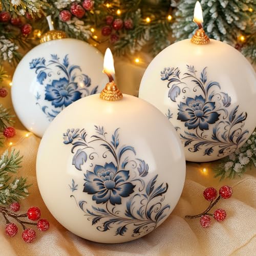 Conelist 3 Pcs 3 Chinoiserie Porcelain Decor Round Ball Candles Blue and White Floral Round Pillar Candles Set Unscented for Spring Tables Centerpiece Bridal Wedding Shower Home Decoration Party Gift