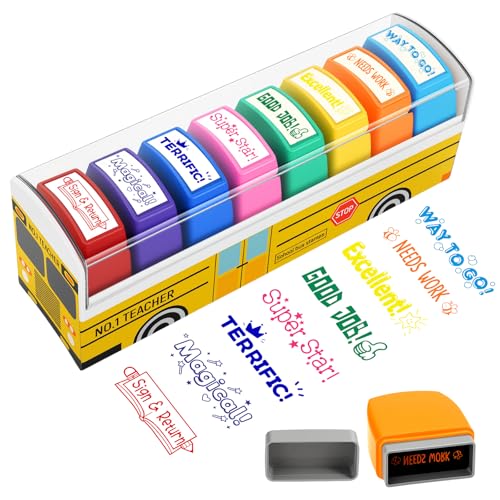 Teacher Stamps for Grading Teacher Appreciation Gifts School Bus Self Inking Teacher Stamps Set for Classroom Back to School Supplies Motivational Reward Stamps with Sign Return Good Job (8 Pcs)