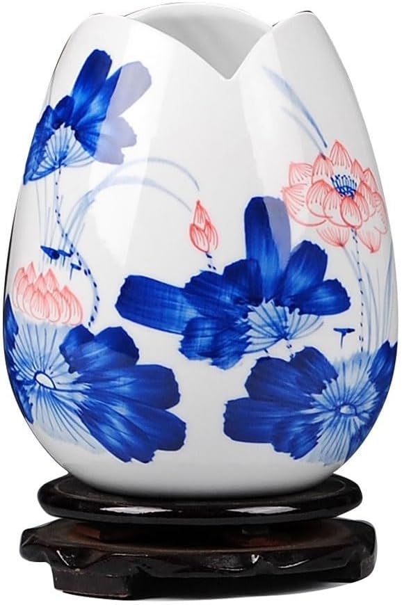 Vase Modern Chinese Ceramics Blue and White Hand-Painted Glaze Red Lotus Vase Flower Arrangement Home Living Room Decoration Suitable for Dining and Living Room Home decoratio