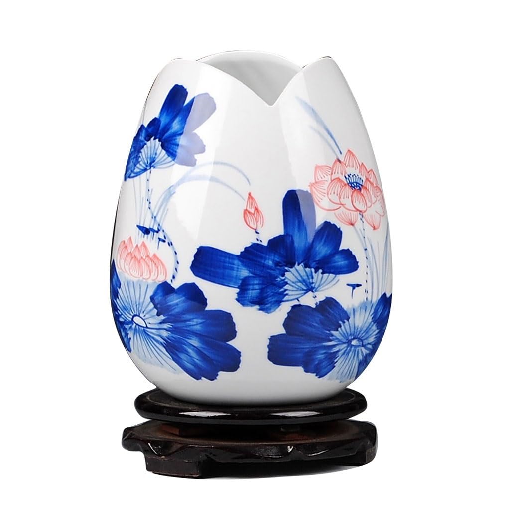 Amazon.co.jp: 花瓶 現代中国の陶磁器青と白の手描きの釉薬赤蓮