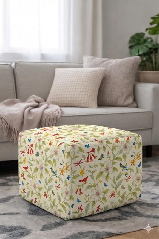Pouffe Cover for 18x39x18 Inch Top Bird Floral Full Coverage, Boho Bohemian Scandinavian Slipcover, Square Footstool Floor Cushion Pouf Cover, Machine Washable, THROWPILLOW-image-3
