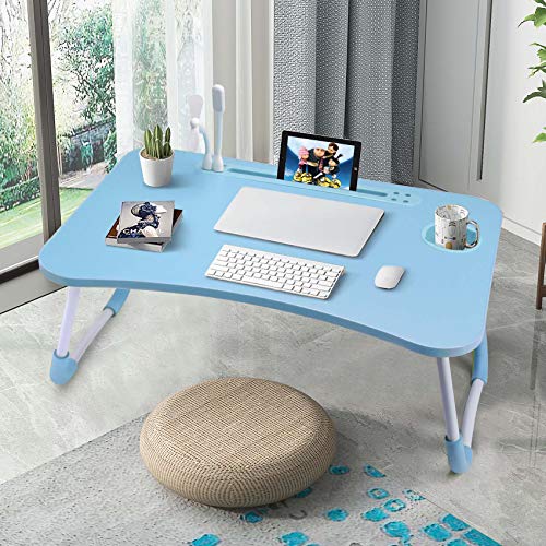 Image of Slendor Foldable Lap Desk with Cup Holder for Bed, Couch, Floor | Portable,with USB Light, Fan, Pen Holder,Tablet Holder,for Laptop,Writing,Eating,Blue