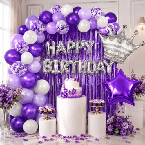 Image of Purple Birthday Decorations for Women | Happy Birthday Balloons and Star Crown Balloons, Fringe Curtain and petals for Women Girls Princess Party