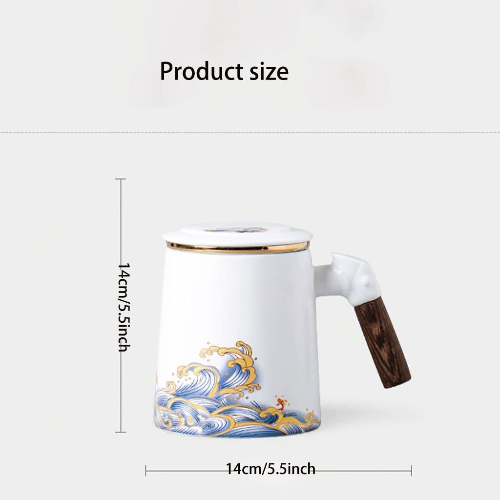 HSQMA Tasse À Thé en Céramique avec Couvercle, Tasse À Thé avec Poignée en Bois, Tasse À Thé avec Filtre pour La Maison Et Le Bureau，Parfaite pour Le Bureau Et La Maison (Color : Dark Blue)