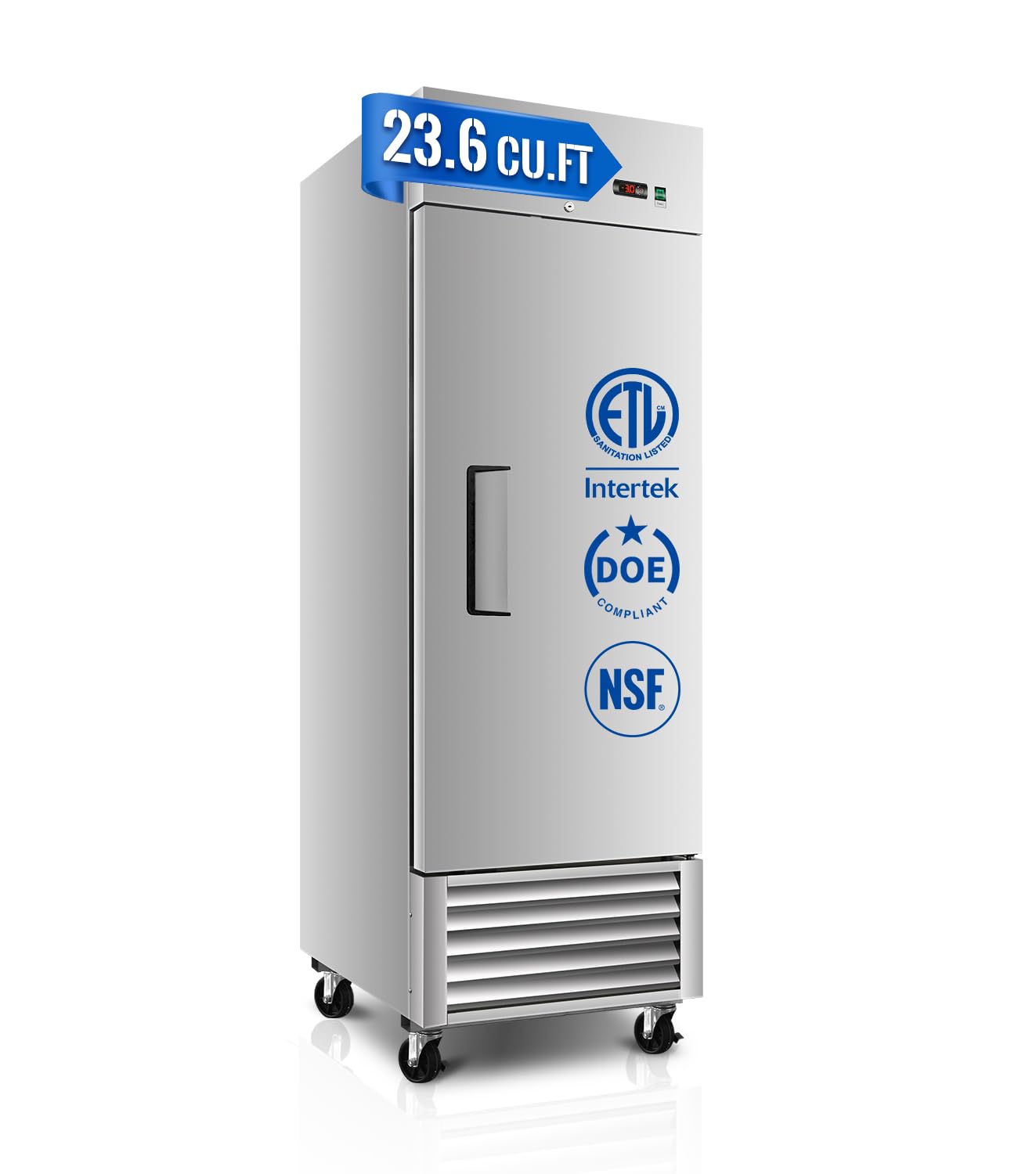 27" W Commercial Refrigerator, 23.6Cu.ft Reach-In Single Door Stainless Steel commercial fridge, 3 Shelves, Fan Cooling, Auto Defrost, Digital