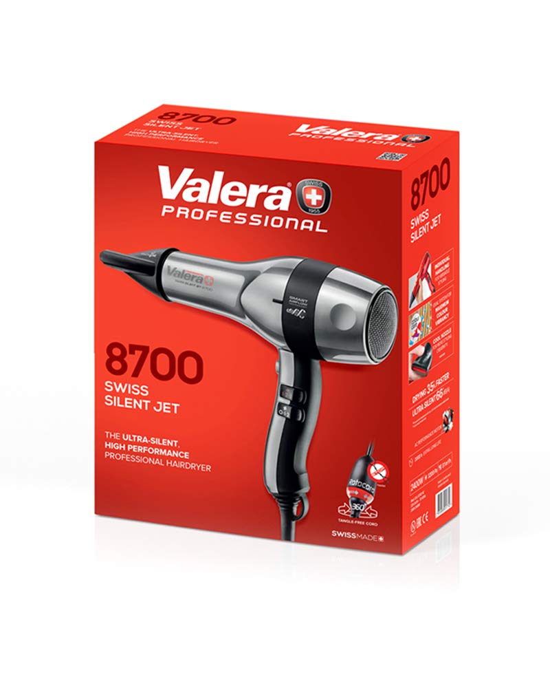 Valera, Swiss Silent Jet 8700, Asciugacapelli Professionale, Phon Potente e Silenzioso, Potente Motore, 6 Livelli di Temperatura, Ionizzatore, Cavo Flessibile Anti-Attorcigliamento, 2400 W, Swiss Made